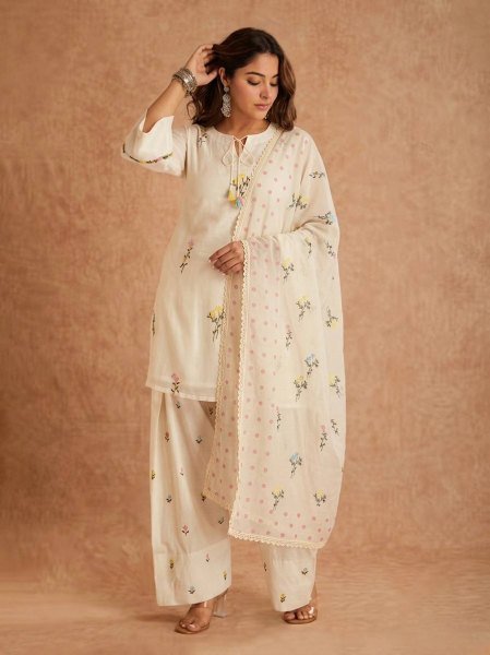 Stunning Offwhite Cotton Silk Top with Multi Needle Embroidery and Farshi Salwar Ready To Wear Collection