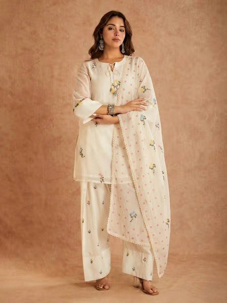 Stunning Offwhite Cotton Silk Top with Multi Needle Embroidery and Farshi Salwar Ready To Wear Collection