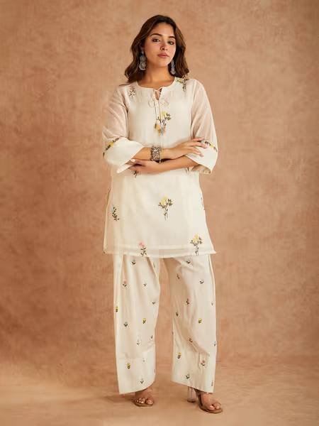 Stunning Offwhite Cotton Silk Top with Multi Needle Embroidery and Farshi Salwar Ready To Wear Collection