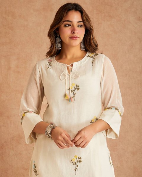 Stunning Offwhite Cotton Silk Top with Multi Needle Embroidery and Farshi Salwar Ready To Wear Collection