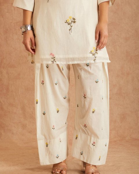 Stunning Offwhite Cotton Silk Top with Multi Needle Embroidery and Farshi Salwar Ready To Wear Collection