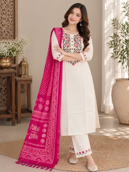 Stunning OffWhite Designer Khadi Cotton Kurti with Neck Embroidery Work for Daily Wear Kurtis
