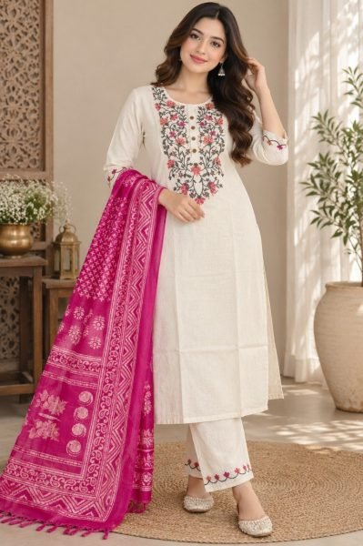 Stunning OffWhite Designer Khadi Cotton Kurti with Neck Embroidery Work for Daily Wear Cotton Kurtis Wholesale