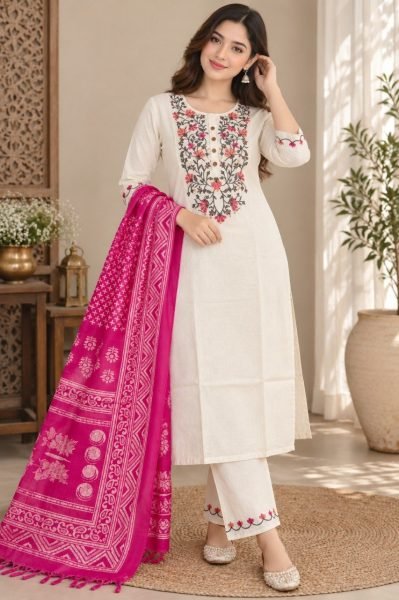 Stunning OffWhite Designer Khadi Cotton Kurti with Neck Embroidery Work for Daily Wear Cotton Kurtis Wholesale