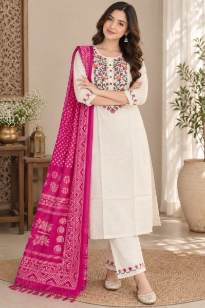 Stunning OffWhite Designer Khadi Cotton Kurti with Neck Embroidery Work for Daily Wear Cotton Kurtis Wholesale