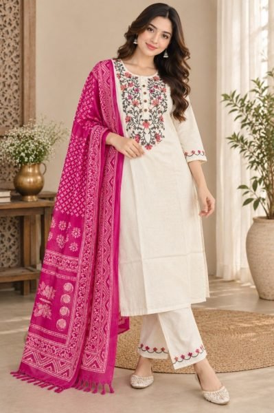Stunning OffWhite Designer Khadi Cotton Kurti with Neck Embroidery Work for Daily Wear Cotton Kurtis Wholesale