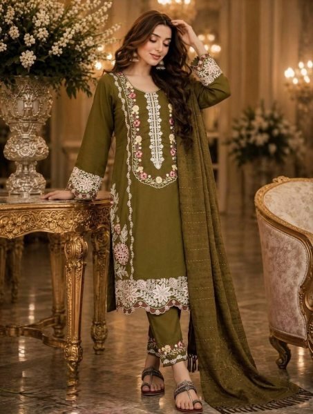 Stunning Olive Green Satin Kurti Set With Ready Made Lace On Dupatta For Boutique Business Ready To Wear Collection