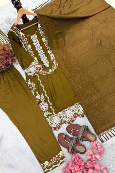 Stunning Olive Green Satin Kurti Set With Ready Made Lace On Dupatta For Boutique Business Ready To Wear Collection