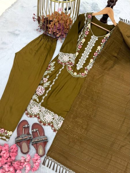 Stunning Olive Green Satin Kurti Set With Ready Made Lace On Dupatta For Boutique Business Ready To Wear Collection