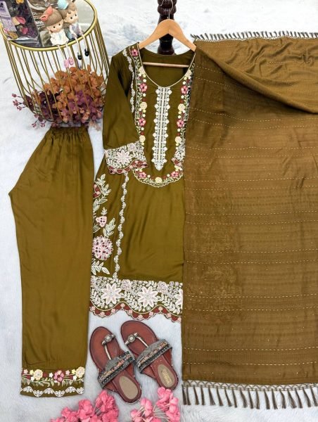 Stunning Olive Green Satin Kurti Set With Ready Made Lace On Dupatta For Boutique Business Ready To Wear Collection