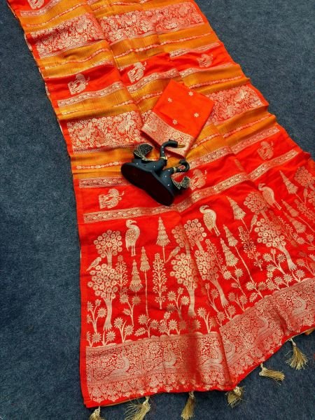 Stunning Orange Crepe Khadi Tissue Paithani Silk Saree with Rich Zari Pallu at Wholesale Rate Sarees 