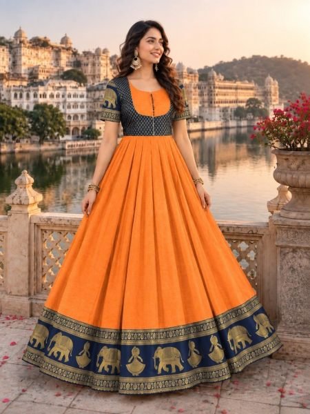 Stunning Orange Designer Floor Length Anarkali Gown with Golden Zari Border at Wholesale Rate 