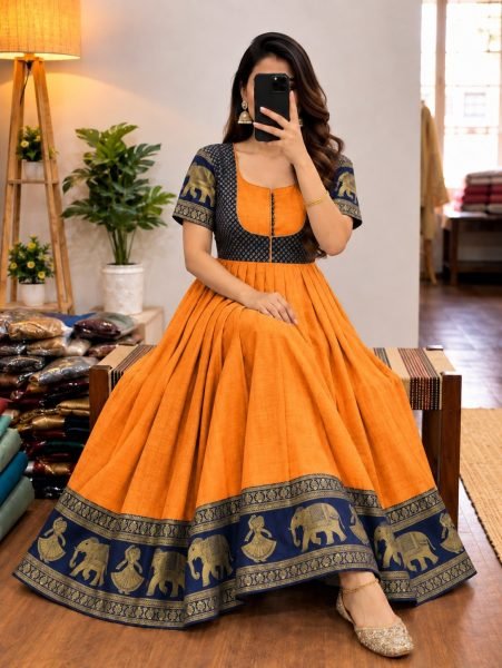 Stunning Orange Designer Floor Length Anarkali Gown with Golden Zari Border at Wholesale Rate Anarkali Kurtis 