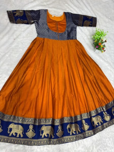 Stunning Orange Designer Floor Length Anarkali Gown with Golden Zari Border at Wholesale Rate Anarkali Kurtis 