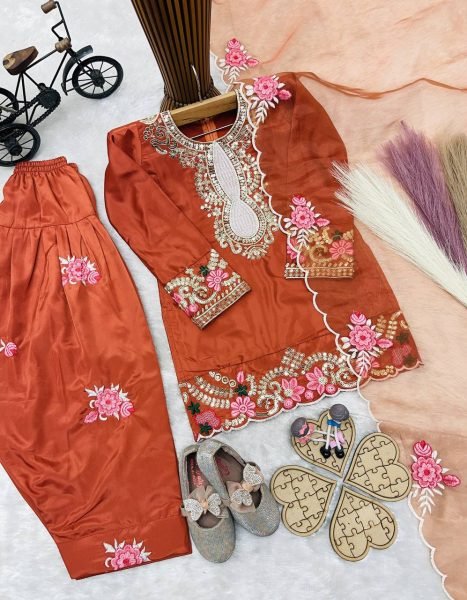 Stunning Orange New Arrival Girls Salwar Suit for Wedding and Festive Wear Girls Wear