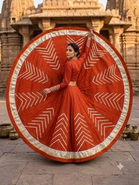 Stunning Orange Rayon Cotton Lehenga with Lampi Border and Blouse Fabric For Garba  Lehenga