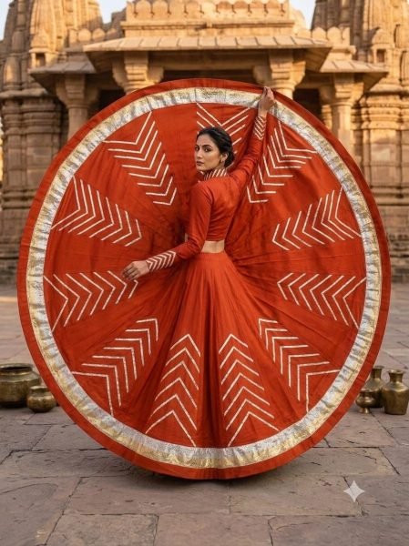 Stunning Orange Rayon Cotton Lehenga with Lampi Border and Blouse Fabric For Garba Navratri Lehnega Choli