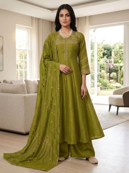 Stunning Parrot Green Teal Viscose Embroidered Kurti Palazzo Dupatta Set Kurtis