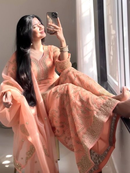 Stunning Peach Color   Ramzan Special Pakistani Coding Work Salwar Suit Ready To Wear Suit