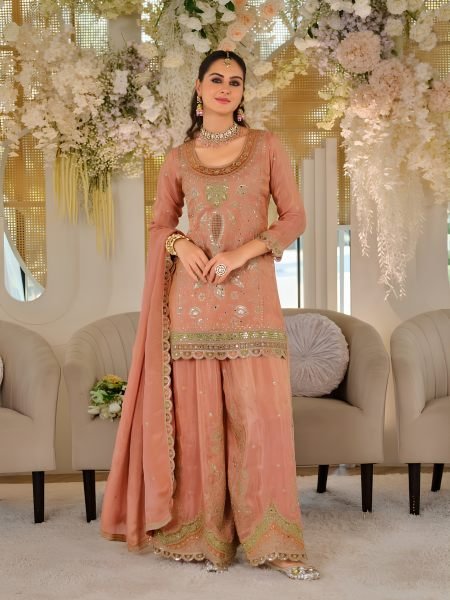 Stunning Peach Heavy Dola Silk Palazzo Set with Sequins Work and Designer Dupatta Salwar Kameez