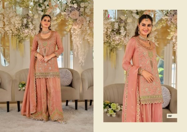 Stunning Peach Heavy Dola Silk Palazzo Set with Sequins Work and Designer Dupatta Designer Plazzo Salwar Suits Wholesale