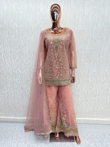 Stunning Peach Heavy Dola Silk Palazzo Set with Sequins Work and Designer Dupatta Designer Plazzo Salwar Suits Wholesale