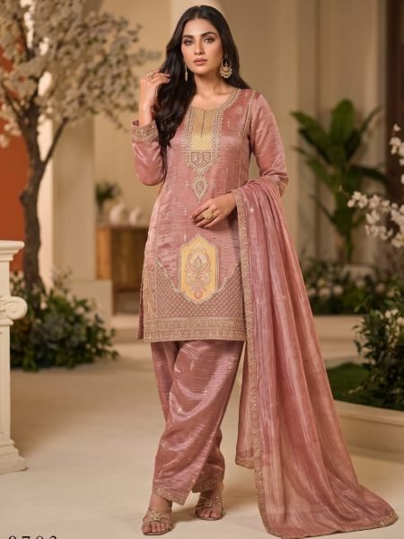 Stunning Peach Party Wear Salsa Silk Palazzo Set with Full Sleeve Top and Dupatta Salwar Kameez