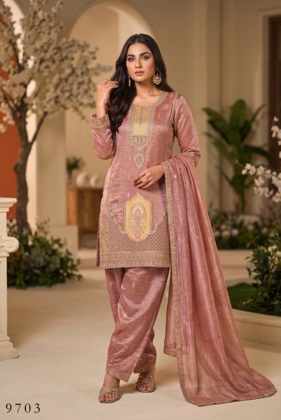 Stunning Peach Party Wear Salsa Silk Palazzo Set with Full Sleeve Top and Dupatta Embroidery Suits Wholesale