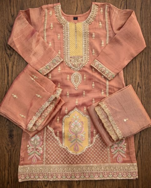 Stunning Peach Party Wear Salsa Silk Palazzo Set with Full Sleeve Top and Dupatta Embroidery Suits Wholesale