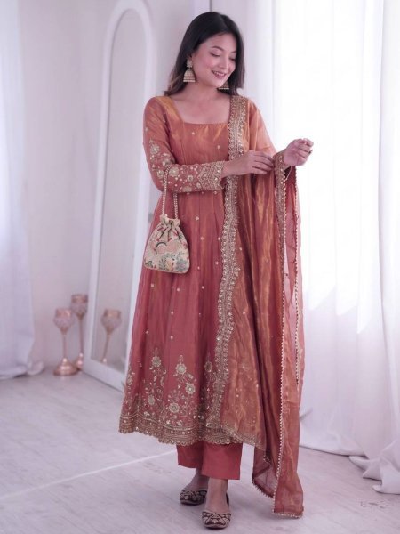 Stunning Peach Stylish Embroidered Long Gown Set with Dupatta and Pant Combo Ready To Wear Suit