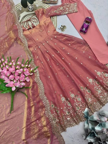 Stunning Peach Stylish Embroidered Long Gown Set with Dupatta and Pant Combo Ready To Wear Collection