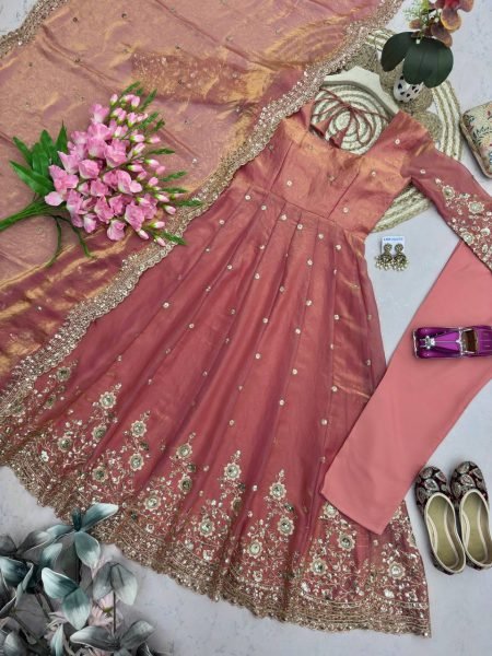 Stunning Peach Stylish Embroidered Long Gown Set with Dupatta and Pant Combo Ready To Wear Collection