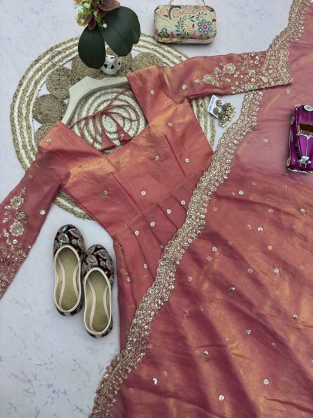 Stunning Peach Stylish Embroidered Long Gown Set with Dupatta and Pant Combo Ready To Wear Collection