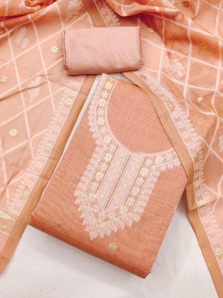 Stunning Peach Suit Set with Weaving Work Dupatta and Matching Bottom Dress Material 