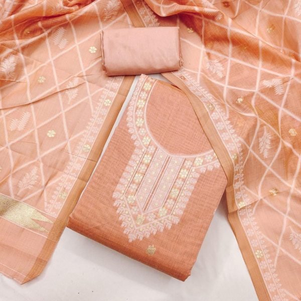 Stunning Peach Suit Set with Weaving Work Dupatta and Matching Bottom Color Set Matching Dress Material Wholesale
