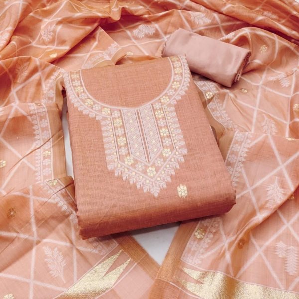 Stunning Peach Suit Set with Weaving Work Dupatta and Matching Bottom Color Set Matching Dress Material Wholesale