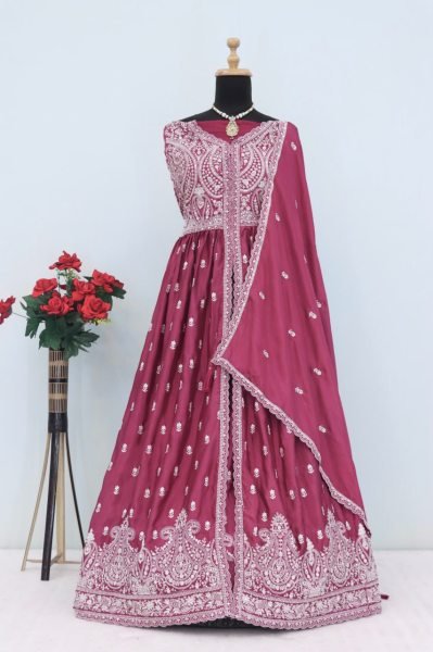 Stunning Pink Chinon Silk Anarkali Lehenga Suit with Embroidery & Sequins Work Wedding Wear for Resellers Anarakali Gown Wholesale