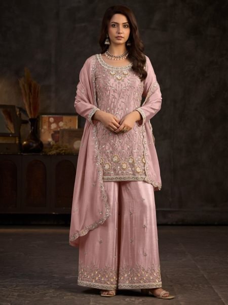 Stunning Pink Designer Real Chinon Suit Set with Beads Embroidery at Wholesale Rate 