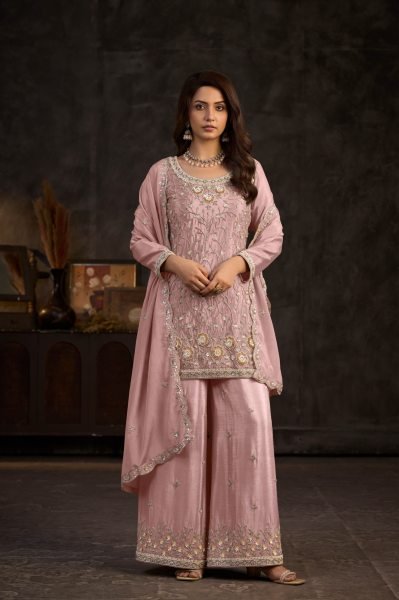 Stunning Pink Designer Real Chinon Suit Set with Beads Embroidery at Wholesale Rate Designer Plazzo Salwar Suits Wholesale
