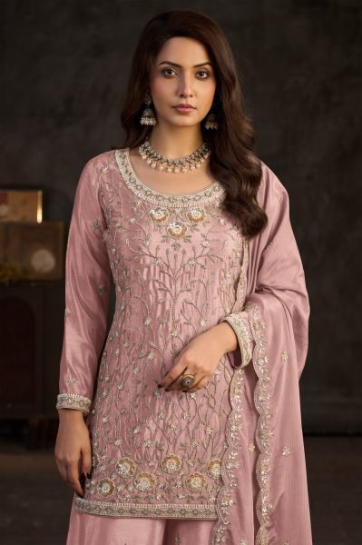 Stunning Pink Designer Real Chinon Suit Set with Beads Embroidery at Wholesale Rate Designer Plazzo Salwar Suits Wholesale