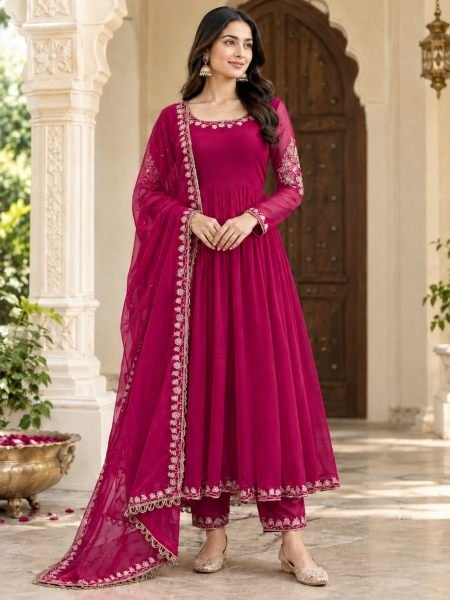 Stunning Pink Faux Georgette Gown with Embroidered Pant and Dupatta For Festival Ready To Wear Suit