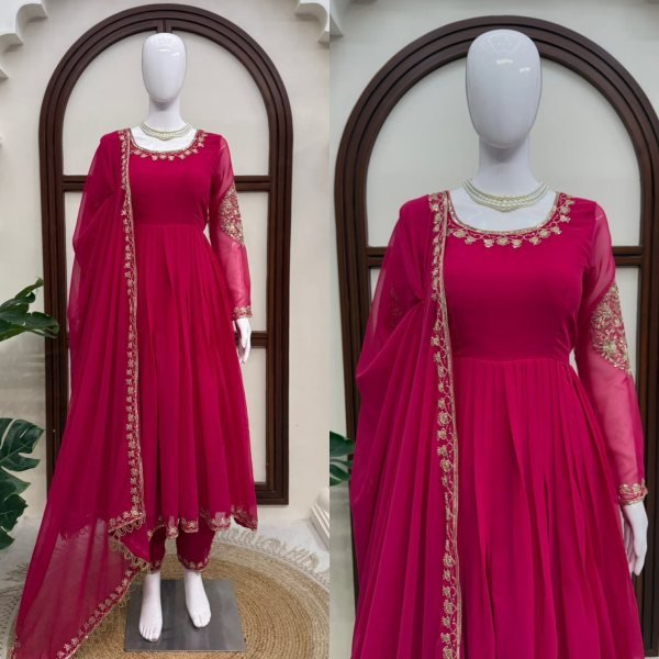 Stunning Pink Faux Georgette Gown with Embroidered Pant and Dupatta For Festival Ready To Wear Collection