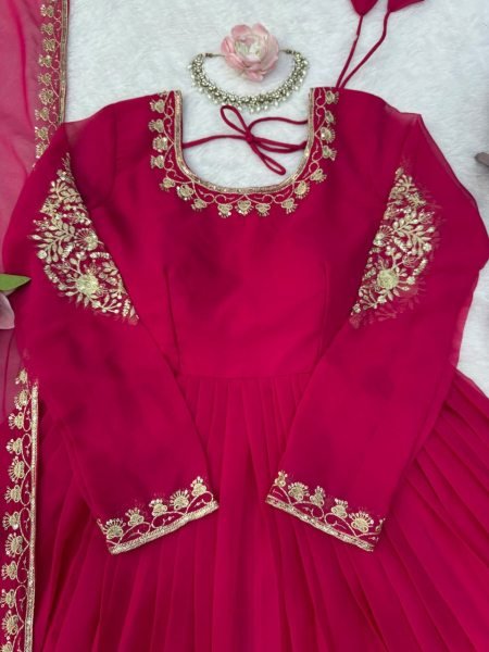 Stunning Pink Faux Georgette Gown with Embroidered Pant and Dupatta For Festival Ready To Wear Collection