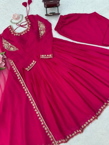 Stunning Pink Faux Georgette Gown with Embroidered Pant and Dupatta For Festival Ready To Wear Collection