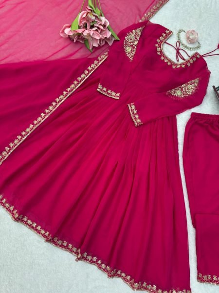 Stunning Pink Faux Georgette Gown with Embroidered Pant and Dupatta For Festival Ready To Wear Collection