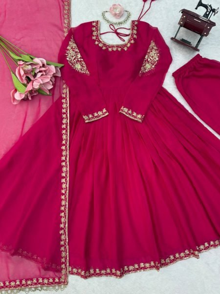 Stunning Pink Faux Georgette Gown with Embroidered Pant and Dupatta For Festival Ready To Wear Collection