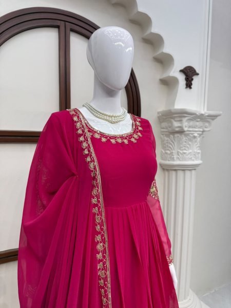 Stunning Pink Faux Georgette Gown with Embroidered Pant and Dupatta For Festival Ready To Wear Collection