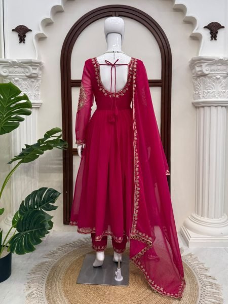 Stunning Pink Faux Georgette Gown with Embroidered Pant and Dupatta For Festival Ready To Wear Collection