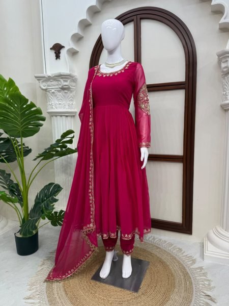 Stunning Pink Faux Georgette Gown with Embroidered Pant and Dupatta For Festival Ready To Wear Collection