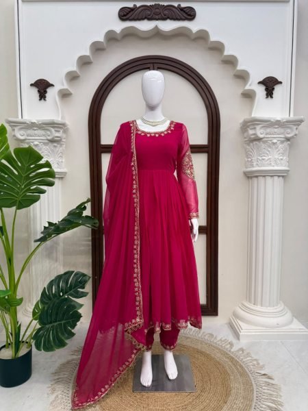 Stunning Pink Faux Georgette Gown with Embroidered Pant and Dupatta For Festival Ready To Wear Collection